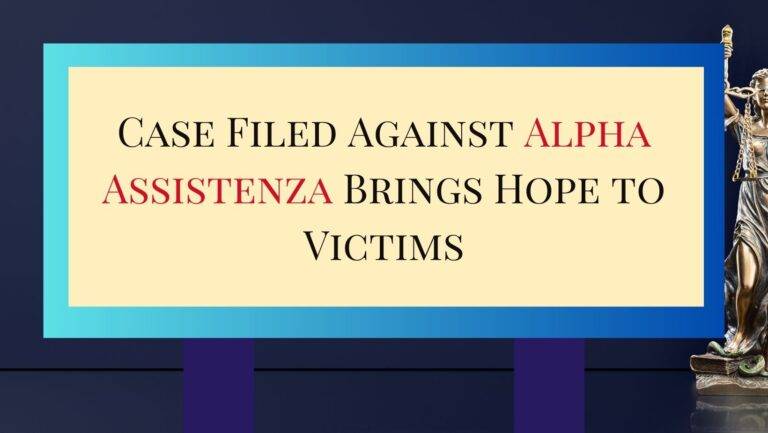 justice symbol with text read as Case Filed Against Alpha Assistenza Brings Hope to Victims